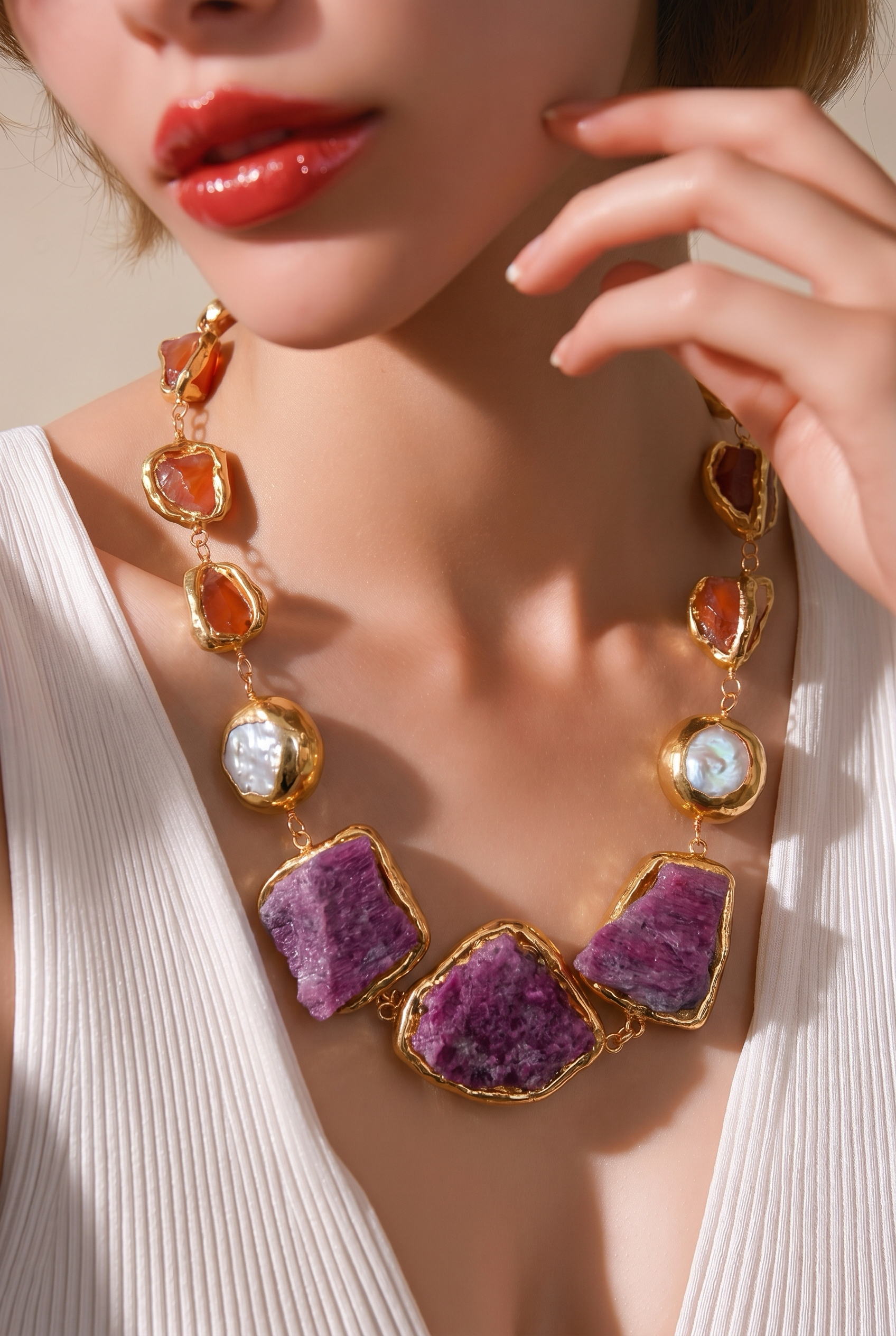 Collar de Rubi Rough, Carnelian y Perlas