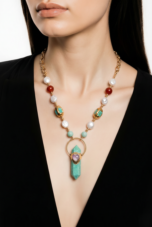 COLLAR PUNTA AMAZONITA CON TURQUESA, AMATISTA Y PERLAS