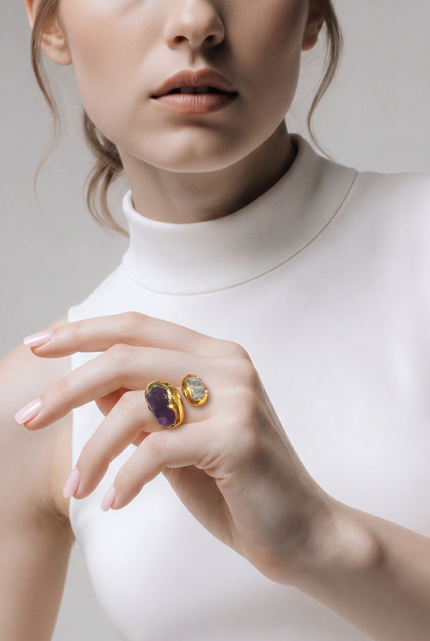 SORTIJA DE DOS PIEDRAS AMATISTA Y AMAZONITA AJUSTABLE